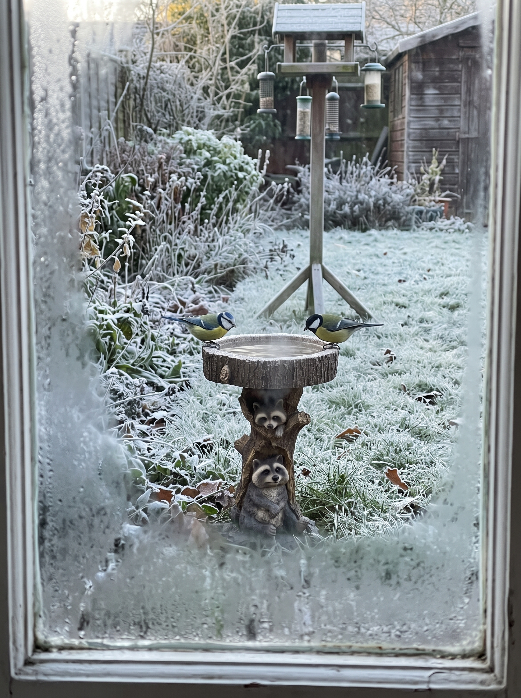 Raccoon stump bird bath in a frosty garden with blue tit and great tit