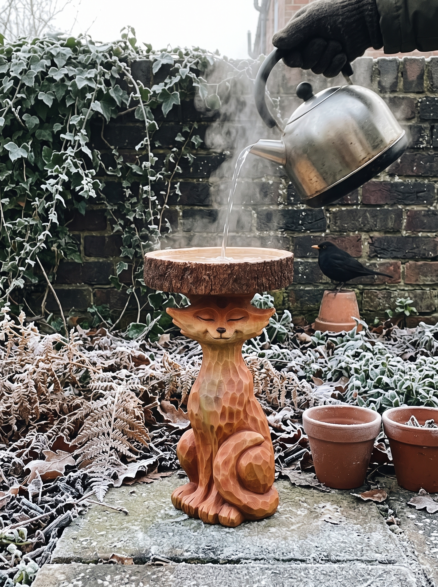 Topping up the fox bird bath with warm water on a frosty morning