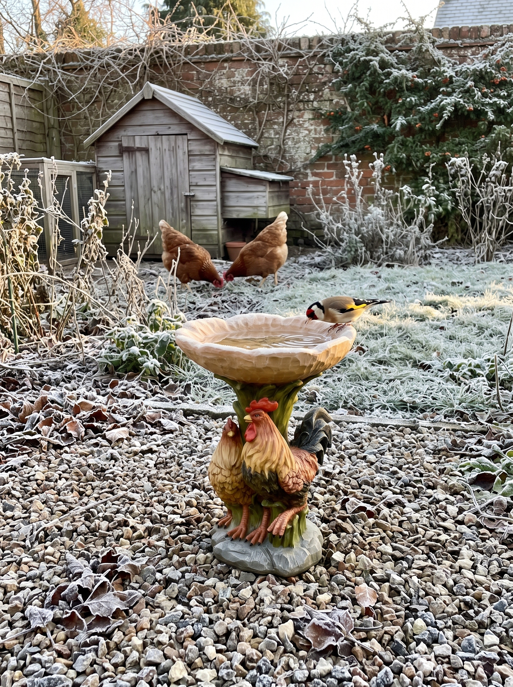 Rooster and hen bird bath in a winter cottage garden with a goldfinch