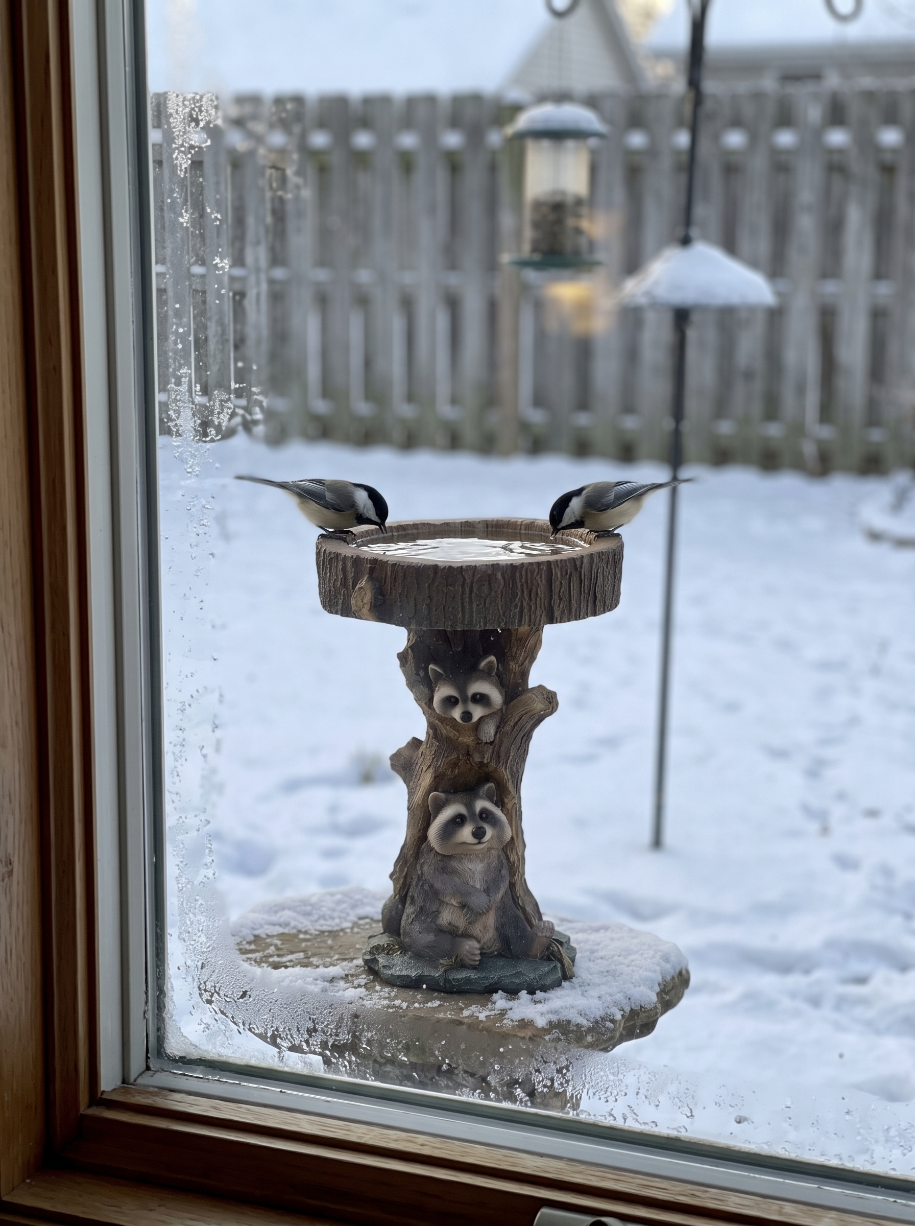 Raccoon stump bird bath in a snowy backyard with chickadees