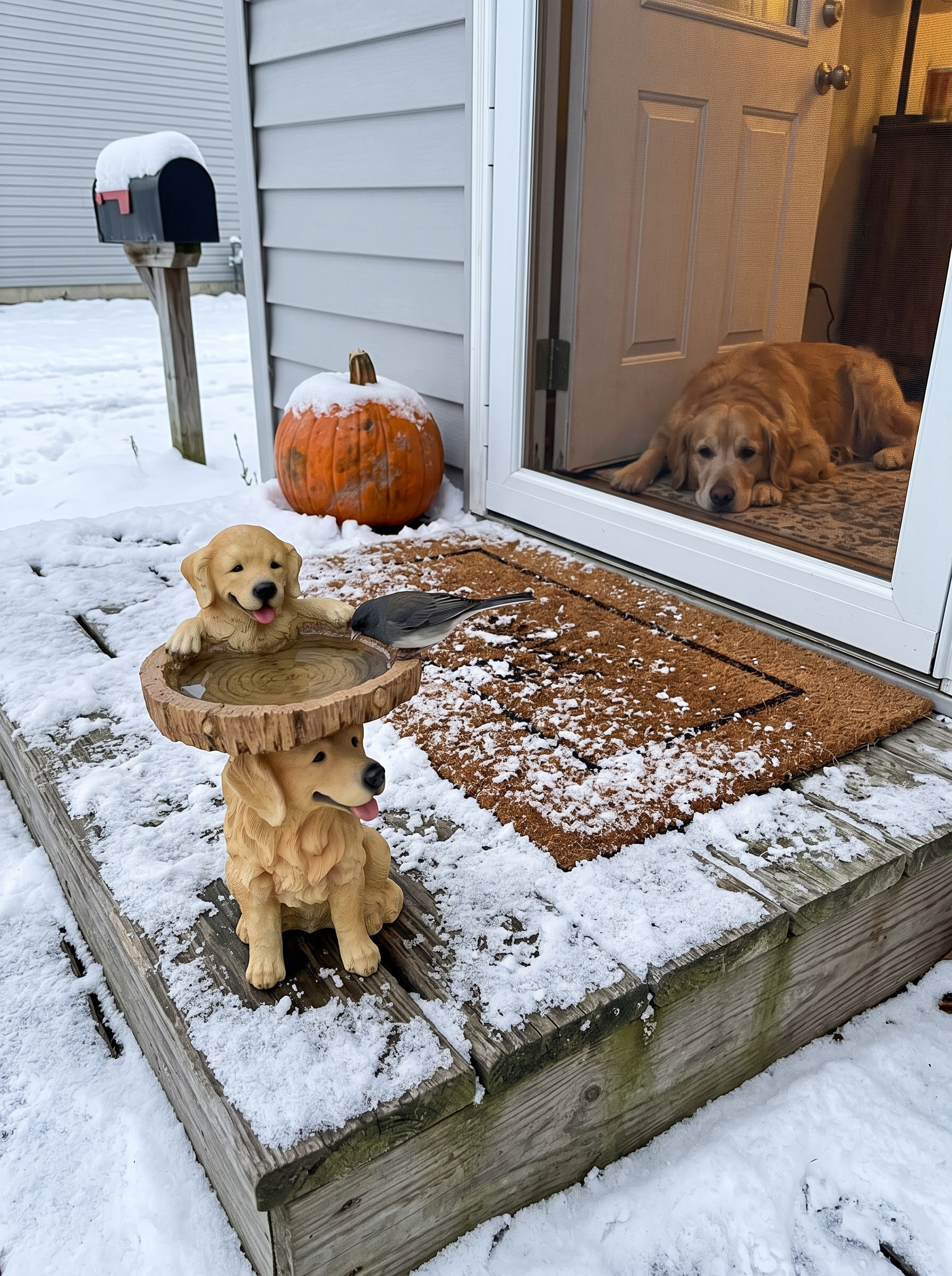 Golden retriever bird bath on a snowy front porch with a junco