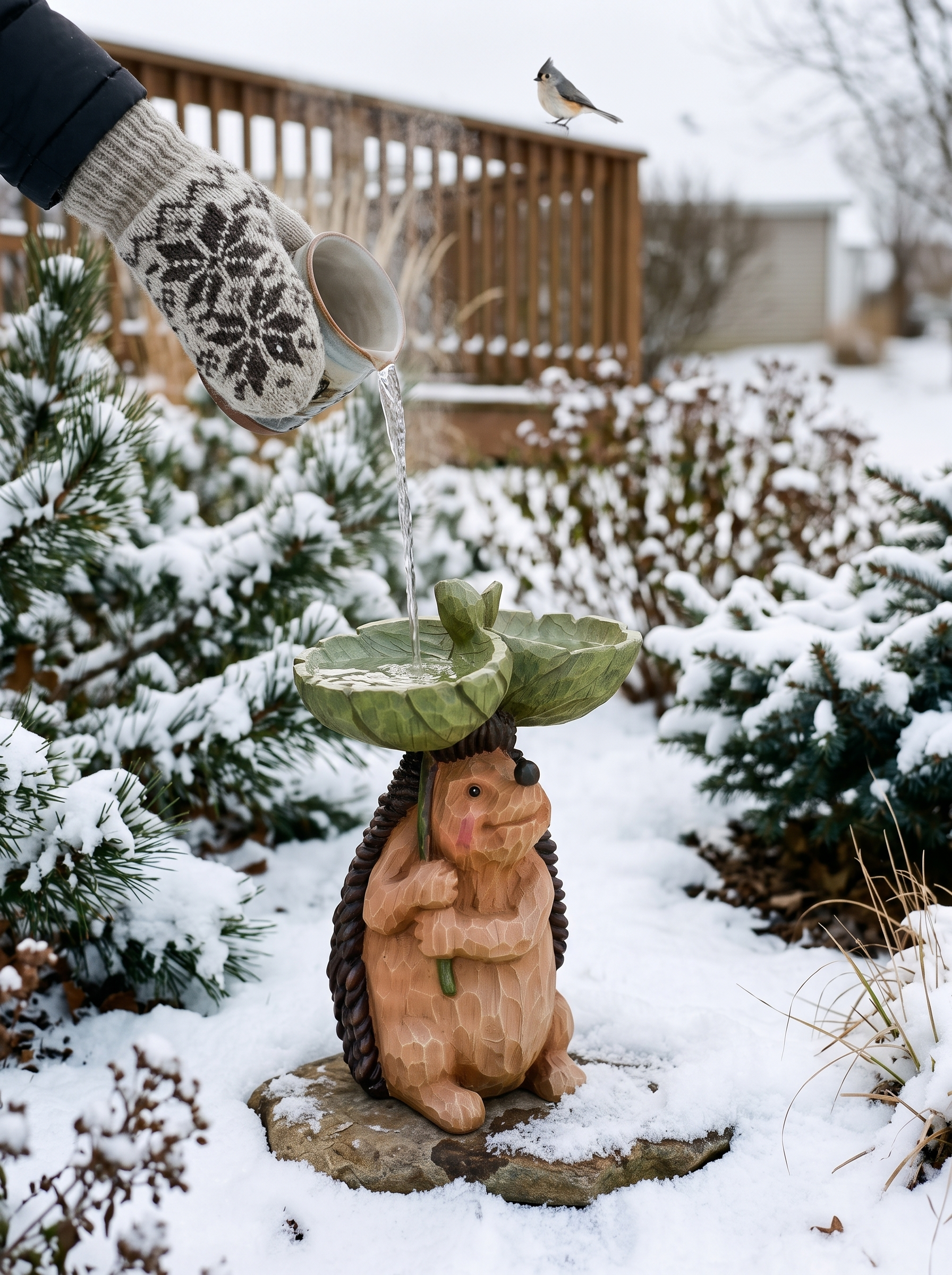 Topping up the hedgehog bird bath with warm water in the snow