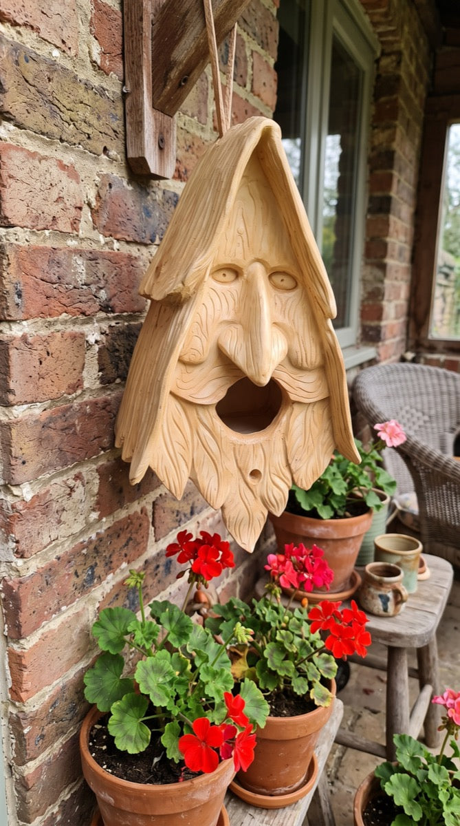 Wood-spirit birdhouse by a cottage porch with geraniums