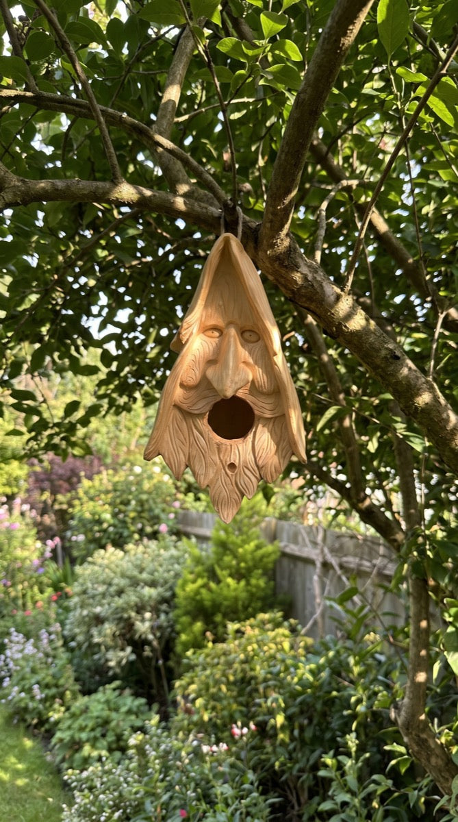 Wood-spirit birdhouse hanging in a leafy tree