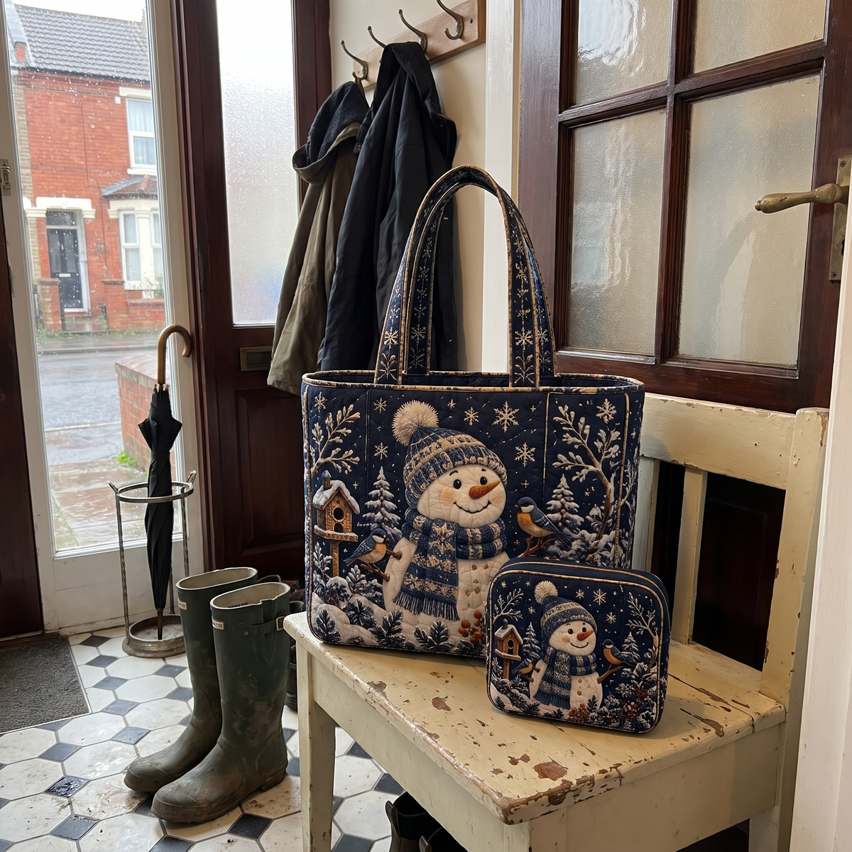 Ursula's Quilted Christmas Tote Set – Navy Snowman & Birdhouse – tote and matching zip pouch