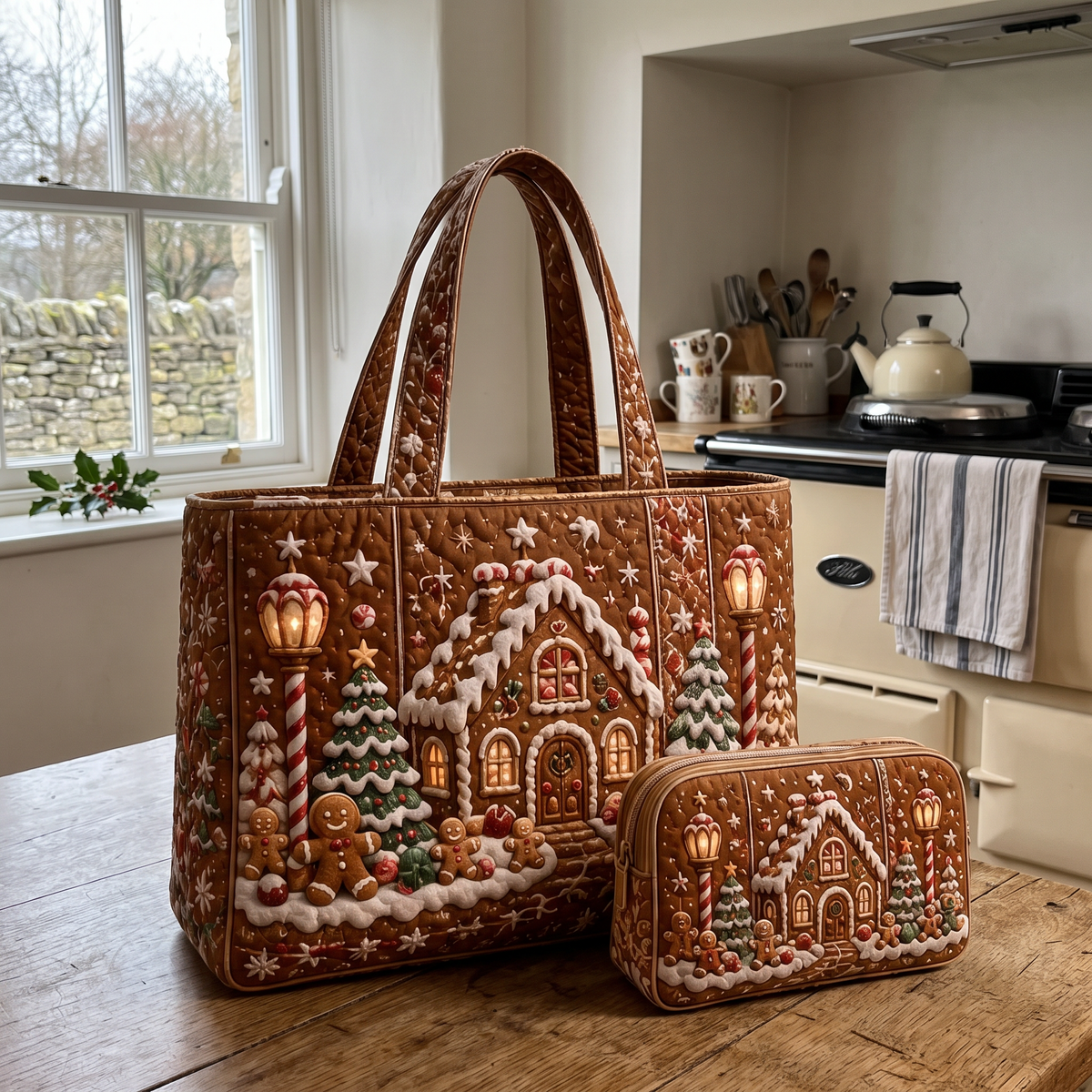 Ursula's Quilted Christmas Tote Set – Gingerbread House – tote and matching zip pouch