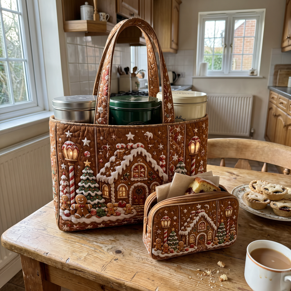 Ursula's Quilted Christmas Tote Set – Gingerbread House – close-up of the quilting