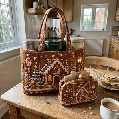 Ursula's Quilted Christmas Tote Set – Gingerbread House – close-up of the quilting
