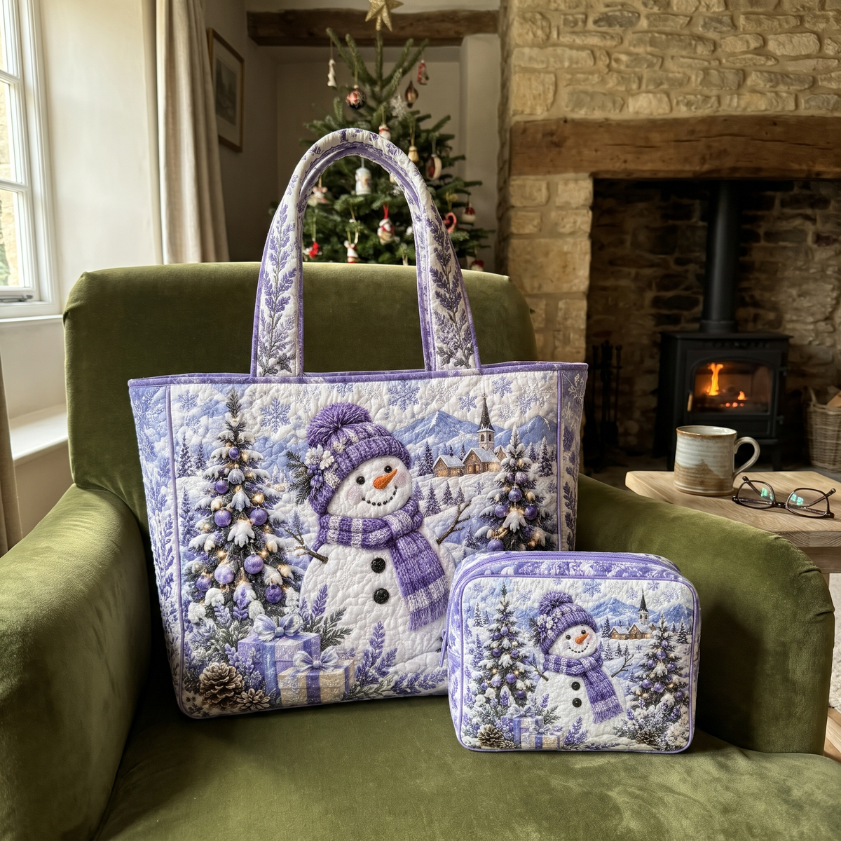 Ursula's Quilted Christmas Tote Set – Lavender Snowman – tote and matching zip pouch
