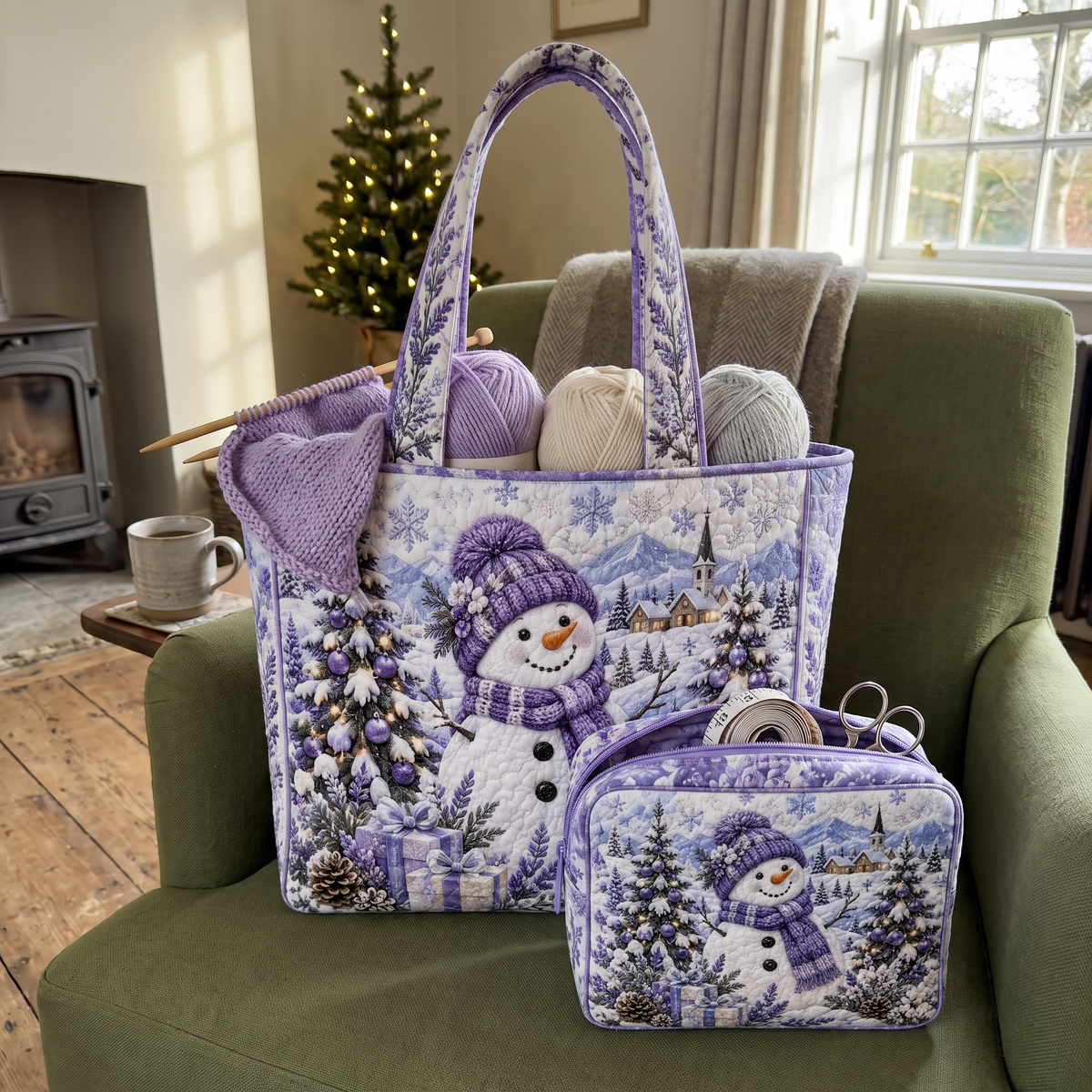Ursula's Quilted Christmas Tote Set – Lavender Snowman – close-up of the quilting