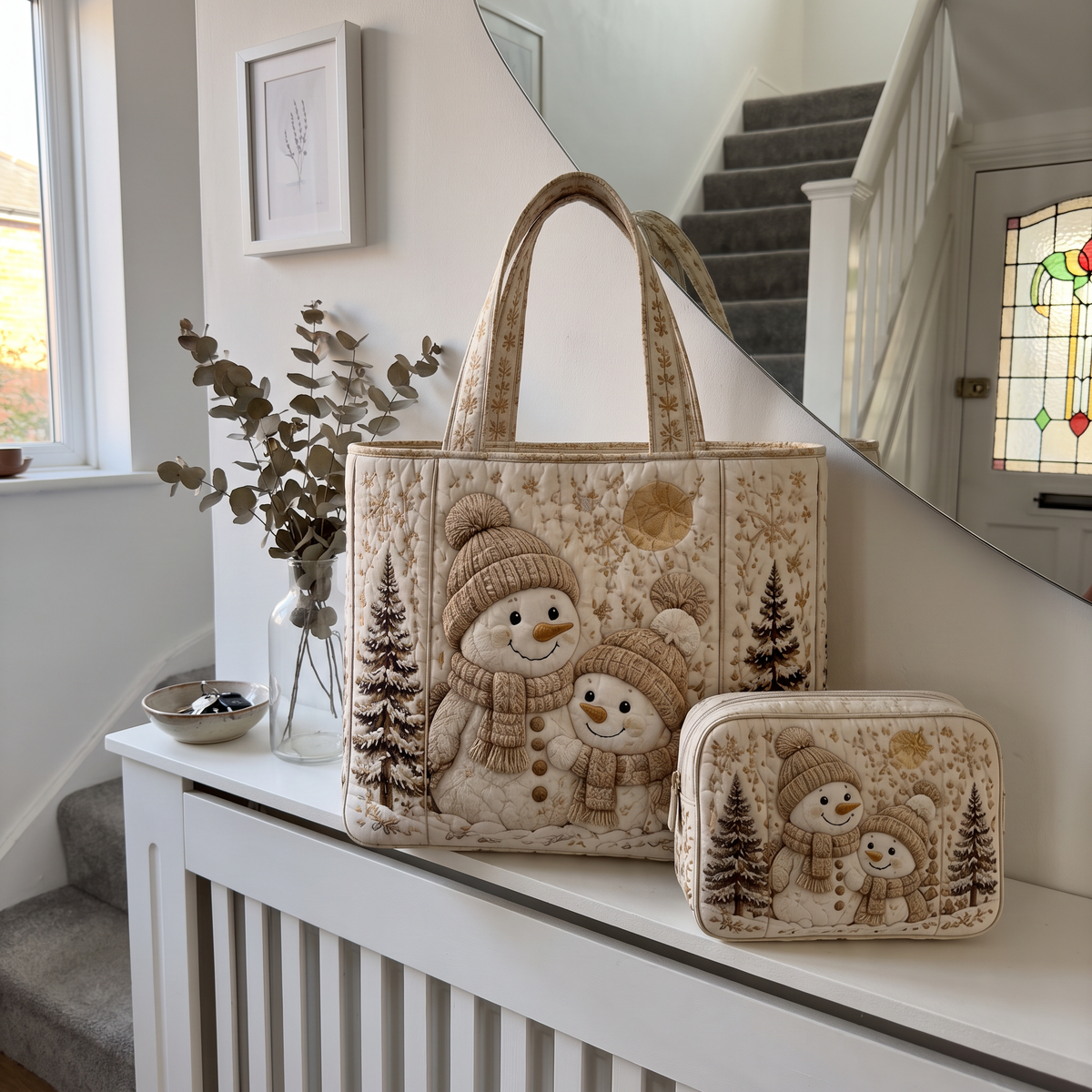 Ursula's Quilted Christmas Tote Set – Cream Snowman Pair – tote and matching zip pouch