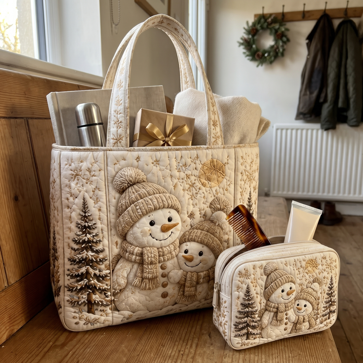 Ursula's Quilted Christmas Tote Set – Cream Snowman Pair – close-up of the quilting