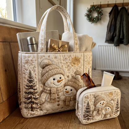 Ursula's Quilted Christmas Tote Set – Cream Snowman Pair – close-up of the quilting