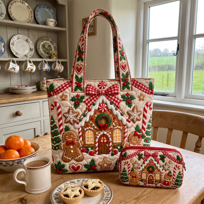 Ursula's Quilted Christmas Tote Set – Gingerbread & Gingham Bow – tote and matching zip pouch