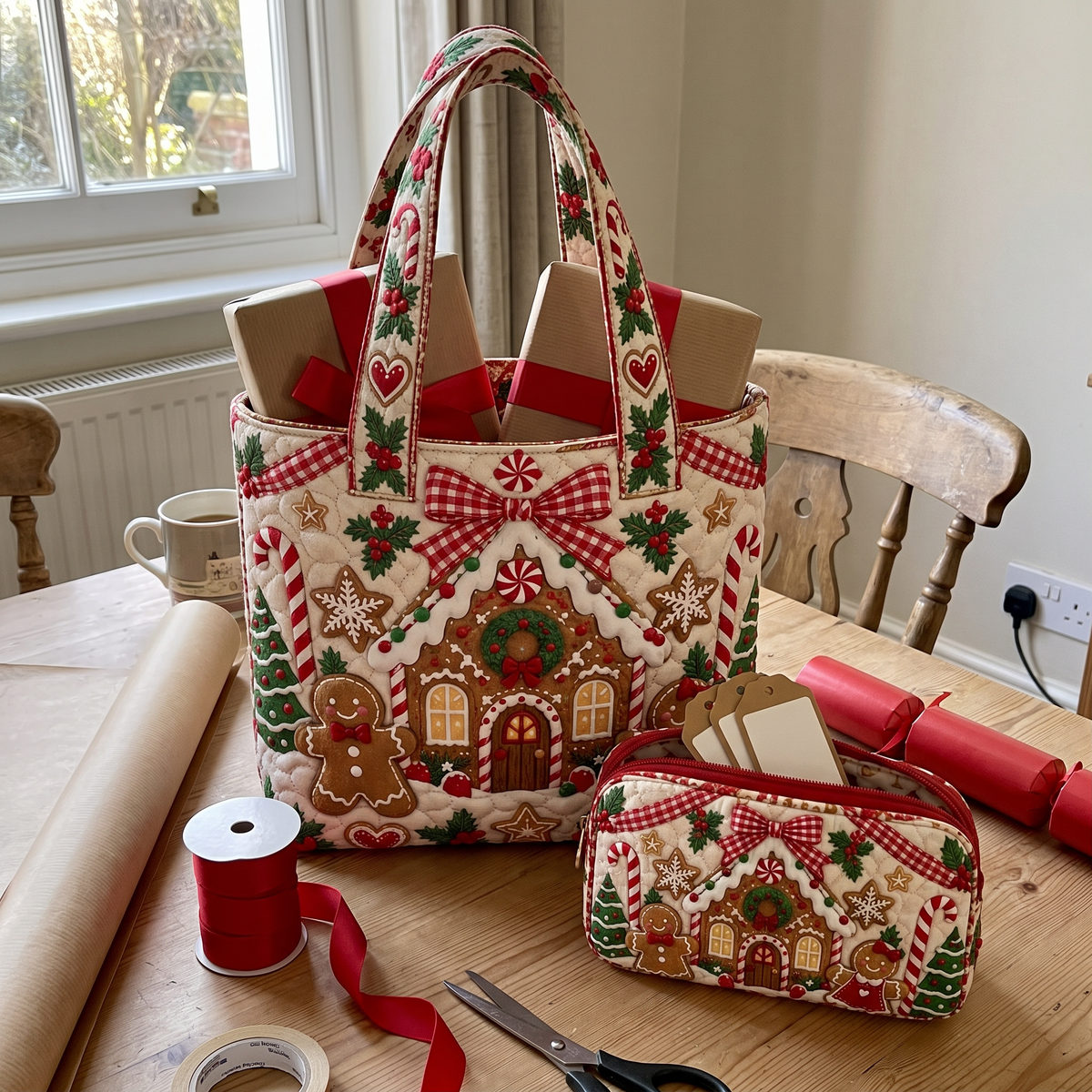 Ursula's Quilted Christmas Tote Set – Gingerbread & Gingham Bow – close-up of the quilting