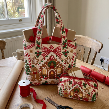 Ursula's Quilted Christmas Tote Set – Gingerbread & Gingham Bow – close-up of the quilting