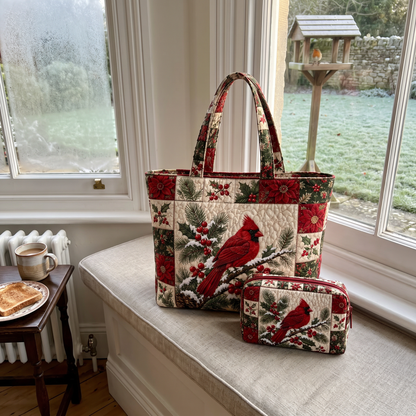 Ursula's Quilted Christmas Tote Set – Cardinal Patchwork – tote and matching zip pouch