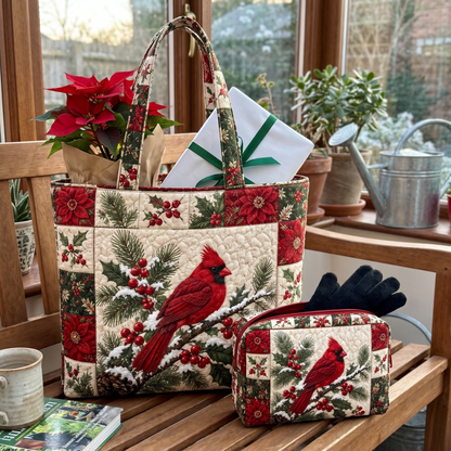 Ursula's Quilted Christmas Tote Set – Cardinal Patchwork – close-up of the quilting