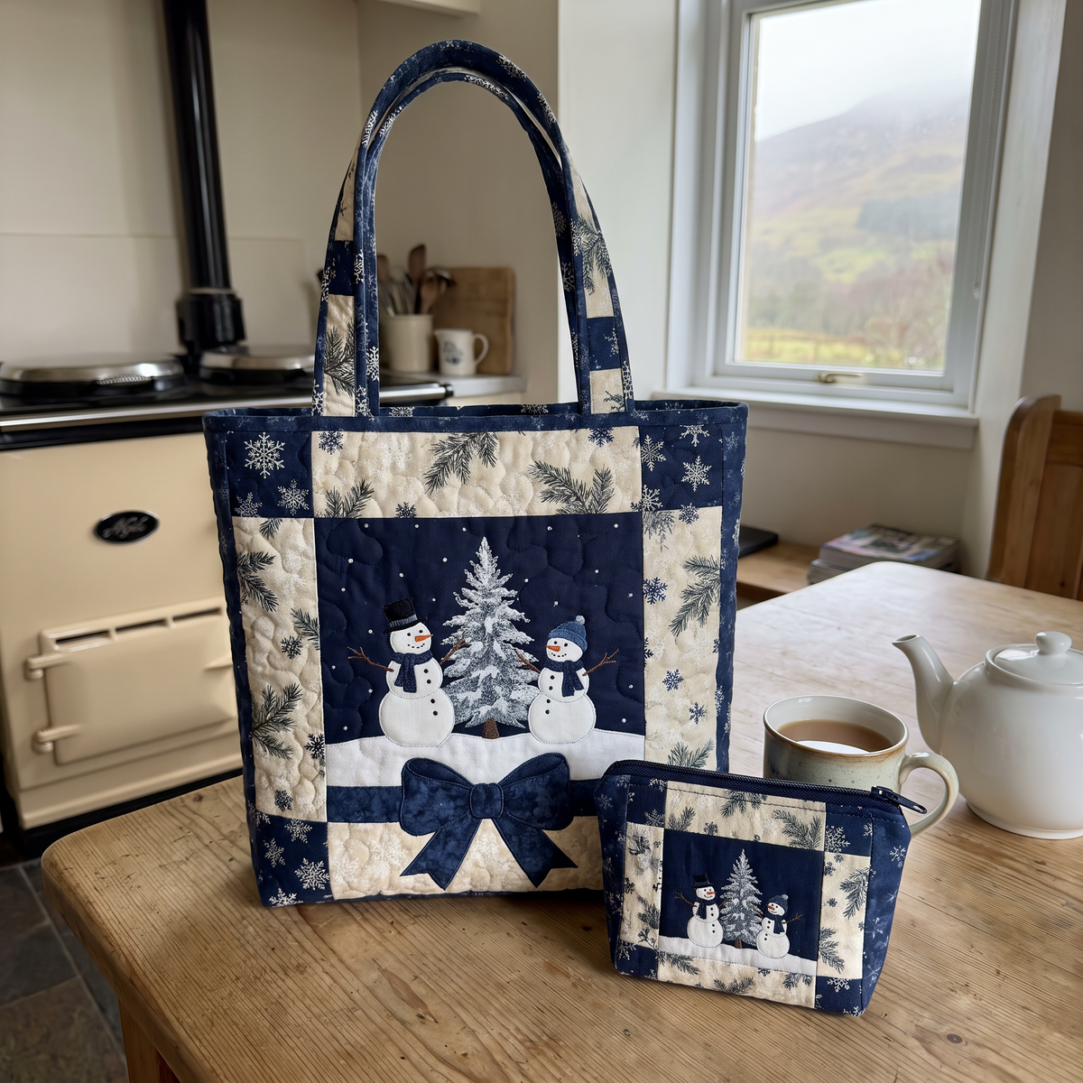 Ursula's Quilted Christmas Tote Set – Navy Patchwork Snowmen – tote and matching zip pouch
