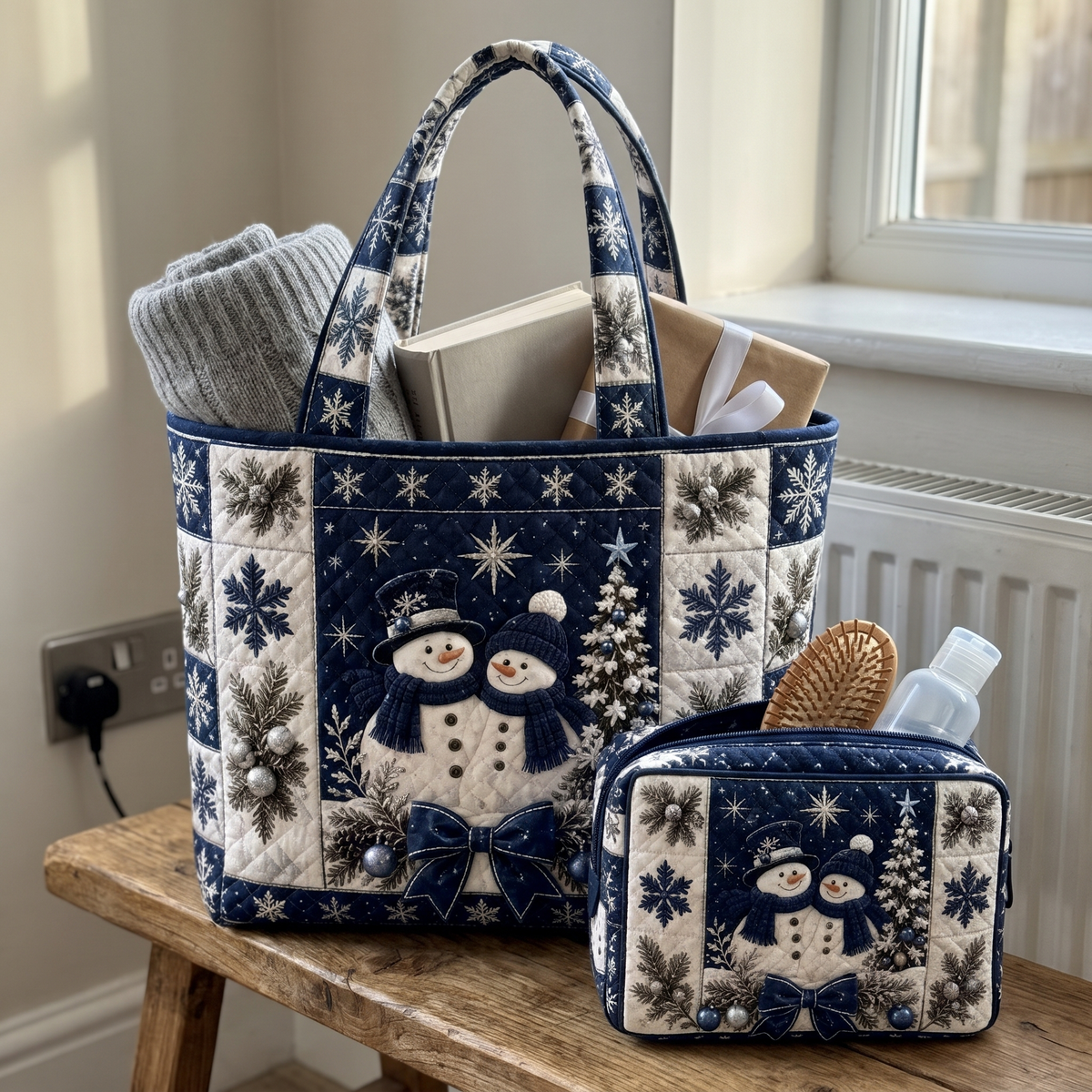 Ursula's Quilted Christmas Tote Set – Navy Patchwork Snowmen – close-up of the quilting