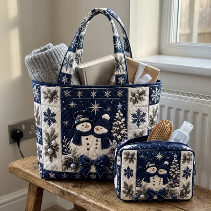 Ursula's Quilted Christmas Tote Set – Navy Patchwork Snowmen – close-up of the quilting