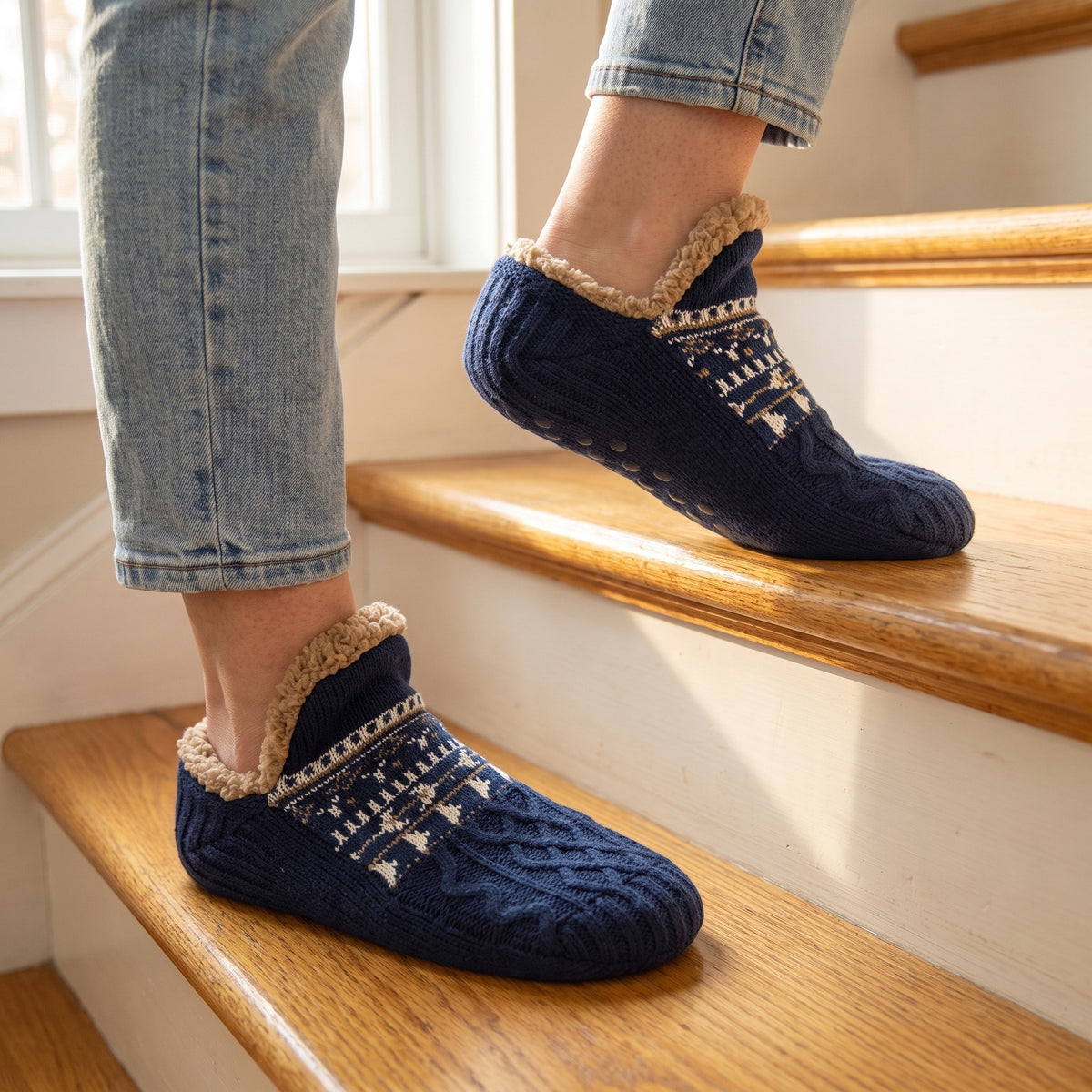 Navy slipper socks close-up