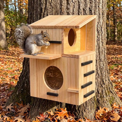 Squirrel house on an oak in fall with a gray squirrel on the porch