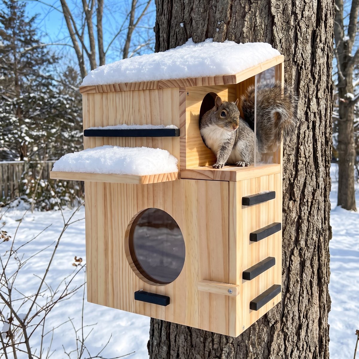 Squirrel house in the snow, a squirrel peeking out