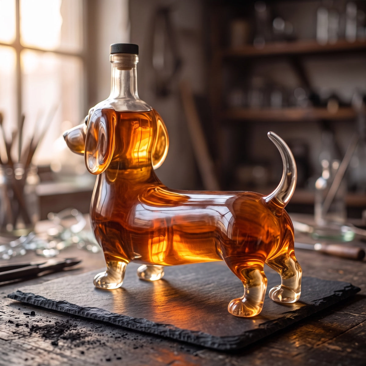 Hand-blown glass dachshund decanter seen from behind, showing the long amber body and curled tail