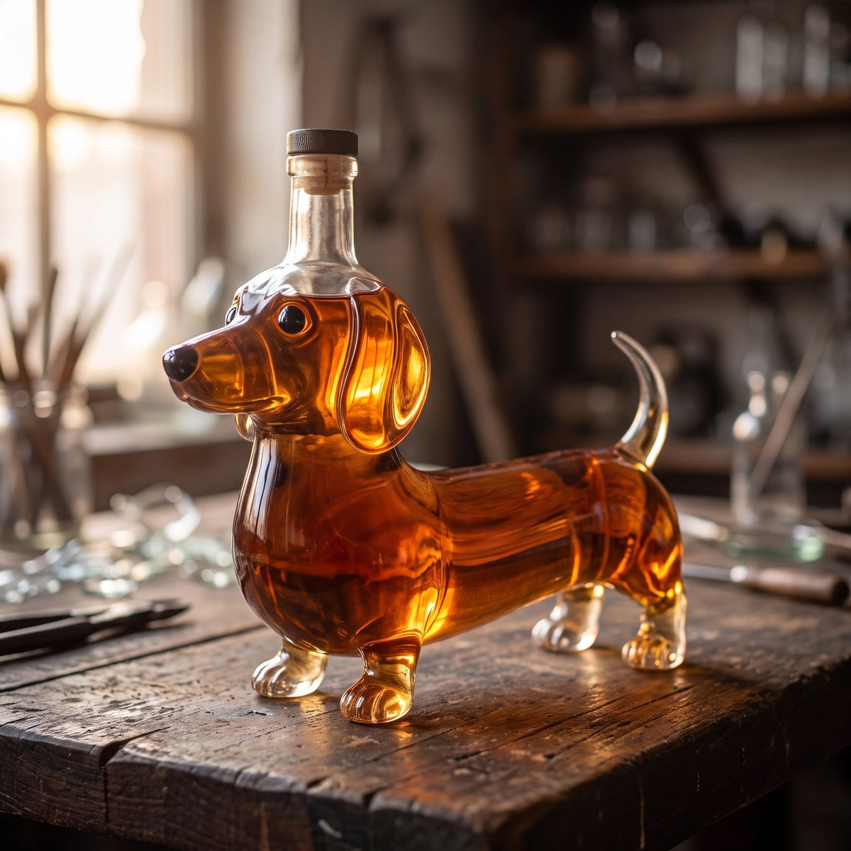 Hand-blown dachshund glass decanter by Wendell Boggess