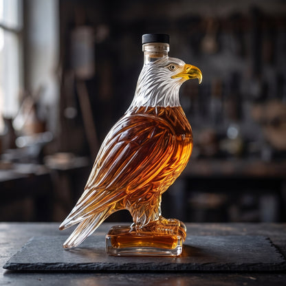 Hand-blown glass bald eagle decanter in side profile on a slate slab in Wendell Boggess's glass workshop