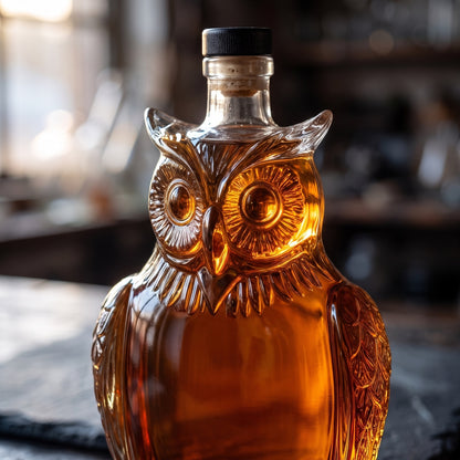 Macro close-up of the hand-blown glass owl decanter, showing the carved face, eyes and feather detail