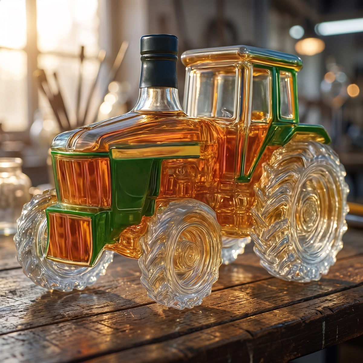Hand-blown farm tractor glass decanter by Wendell Boggess