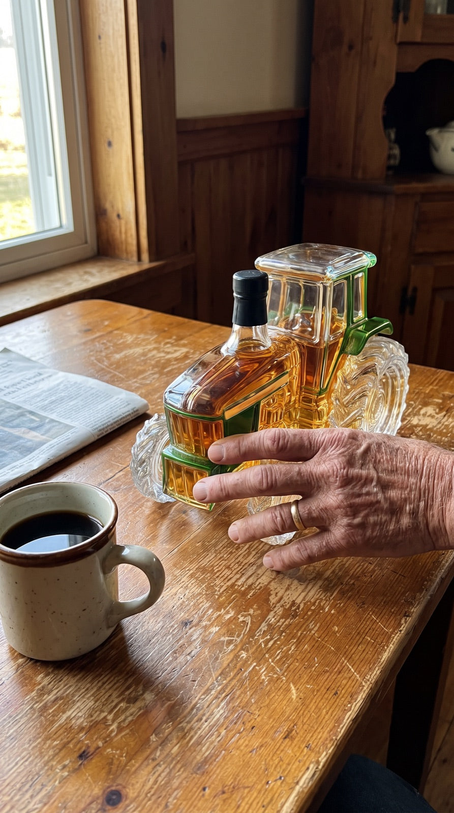 Tractor decanter on a kitchen table beside a mug of coffee