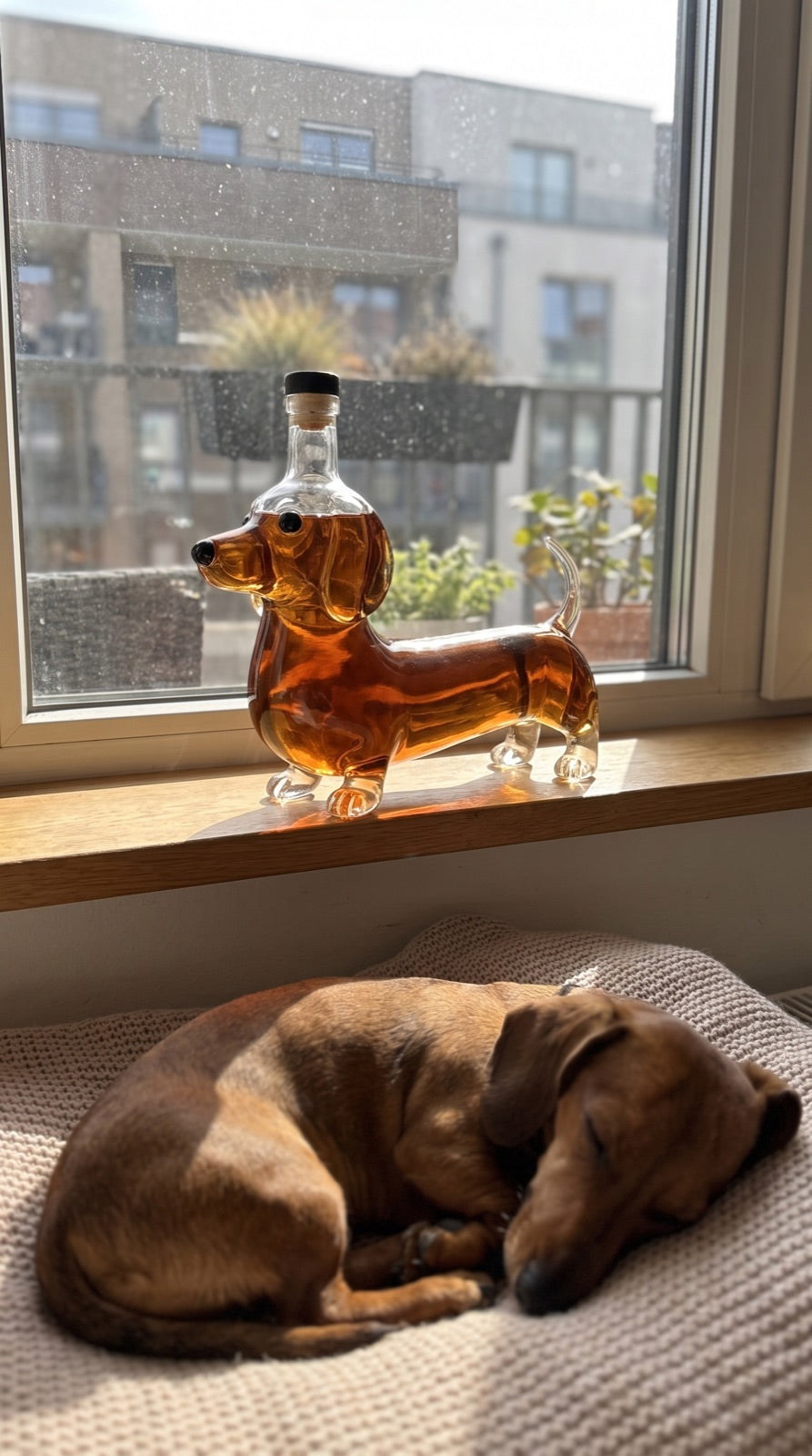Dachshund decanter on a sunny windowsill above a sleeping dachshund