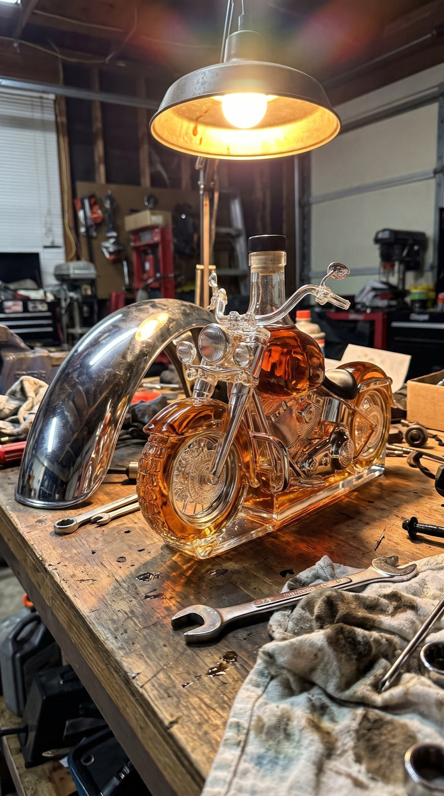 Motorcycle decanter on a garage workbench with wrenches