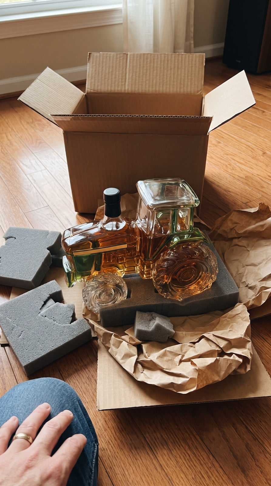 Tractor decanter unpacked from its double box and cut foam