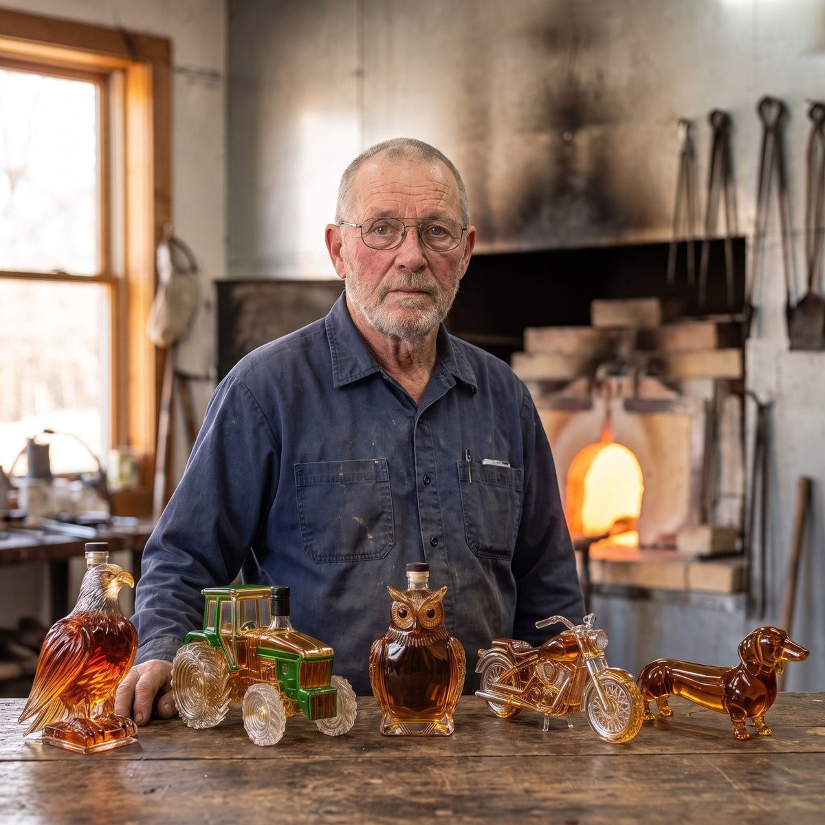 Wendell Boggess in his glass shop with all five figural decanters on the bench