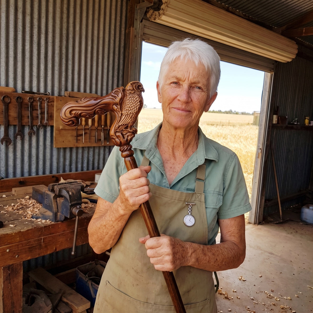 Margaret Doyle holding a finished owl-head walking stick in her shed